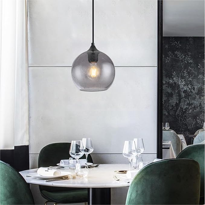 Gray Glass Pendant Lights Kitchen Island Lighting Globe Pendant Light Fixtures Modern Pendant Lighting for Kitchen Island Bedroom Living Dining Room Light Fixture-9.8in