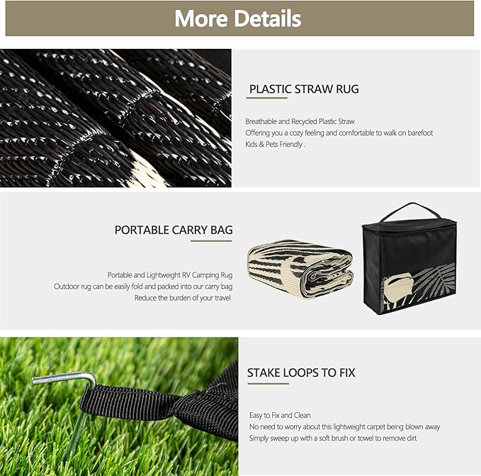 Waterproof Outdoor Rug 9x12 ft, Reversible Plastic Straw Mat with Leaf Pattern, Large Floor Mat for Patio, Camping, Picnic, Backyard RV, Deck, Black