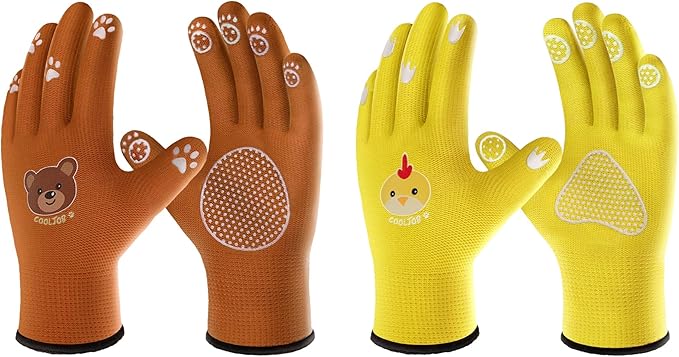 COOLJOB Breathable Toddler Work Gloves for Gardening Boy Girl Ages 4-6 Medium, Nylon Kids Garden Gloves with Grip, Children Yard Gloves for Digging Weeding Landscaping, Yellow & Brown, 2 Pairs