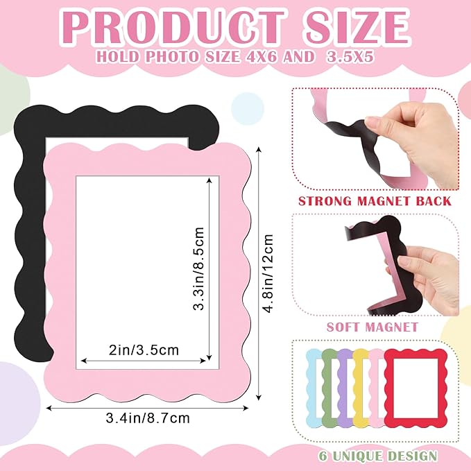 Kingdder 12 Pcs Scalloped Magnetic Picture Frame for Refrigerator 2.5 x 3.5 Pastel Reusable Picture Frame Magnets Decorative Photo Holders for Fridge Home School Office Kitchen Locker