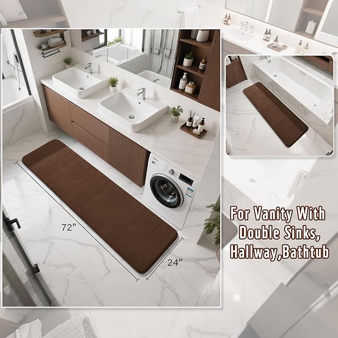 Yimobra Bathroom Runner Rugs 72"x24" Non Slip Washable Memory Foam Bath Mat, Super Soft Water Absorbent Hallway Carpet for Vanity Tub Shower, Brown