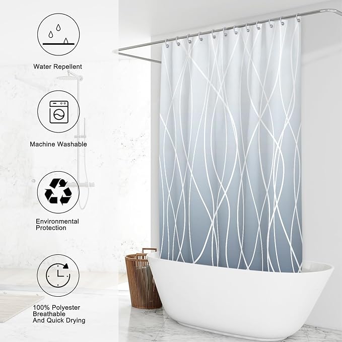 Punkray Ombre Blue Shower Curtain for Bathroom with Hooks, White Shower Curtain Set, Stripe Bath Curtains Decorative Shower Curtains Water Repellent Washable, 72 x 72