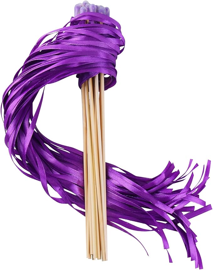 100PCS Ribbon Stick Wands Wedding Streamers with Silk Fairy Stick Wand for Wedding Party Baby Shower Send Off Party Activities Holiday Celebration Favors (Purple-100PCS)