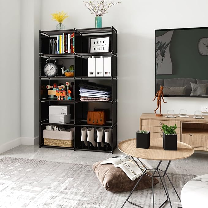 JIUYOTREE 6-Tiers Portable Bookshelf with Fabric Cloth at Back, 10 Cube Closet Storage Organizer Bookcase, Living Room,Study Room,Bedroom, Black