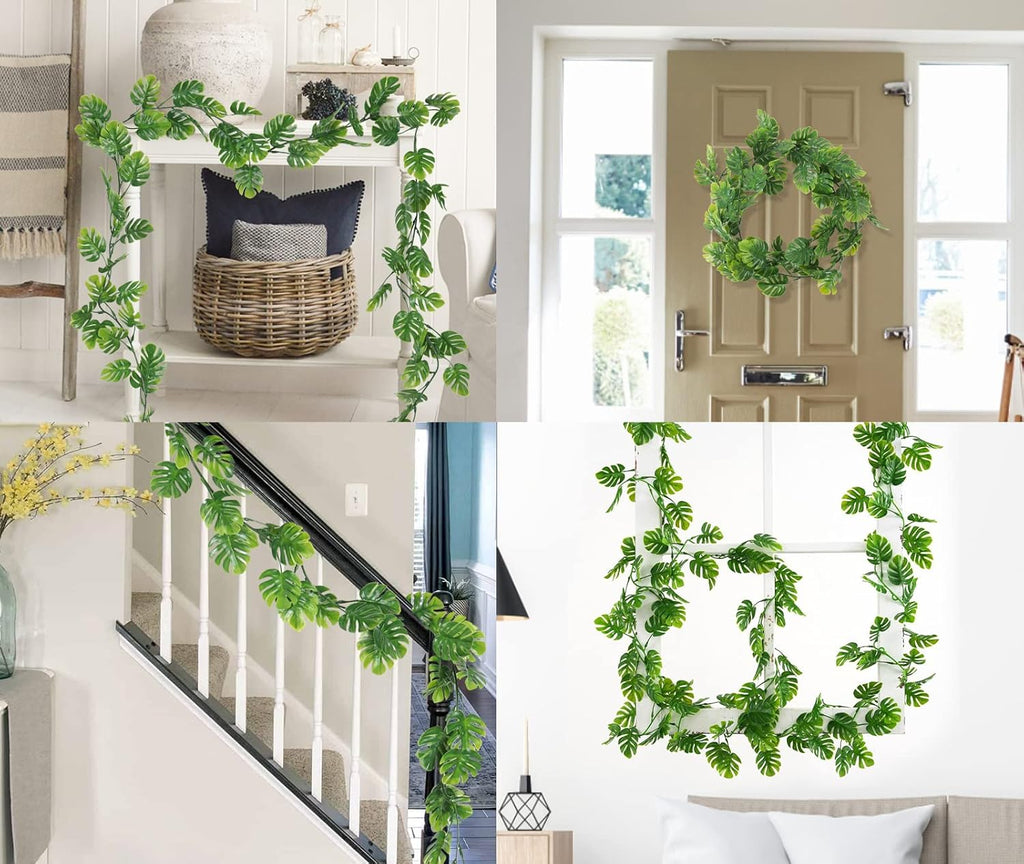 RECUTMS 4Pcs Artificial Monstera Leaves Vines, 5.9FT Fake Hanging Plant Ivy Faux Tropical Palm Leaf Greenery Garland for Garden Porch Patio Jungle Luau Beach Birthday Party Indoor Outdoor Spring Décor