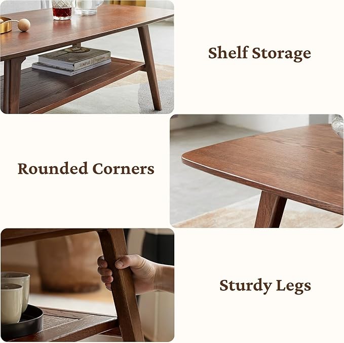 100% Solid Oak Coffee Table with Storage Shelf, 2-Tier Wooden Center Table for Living Room, Farmhouse Rustic Rectangle Table, Easy Assembly,31.49 Inch