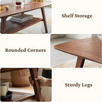 100% Solid Oak Coffee Table with Storage Shelf, 2-Tier Wooden Center Table for Living Room, Farmhouse Rustic Rectangle Table, Easy Assembly,31.49 Inch