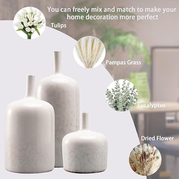 White Ceramic Vase Set - Set of 2 Table Vase, Ceramic Flower Vases for Centerpieces, White Reactive Long Neck Vases, Large Tabletop Living Room Decor 9.5 Inch Cynkeyee