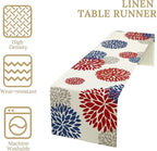 4th of July Table Runner, Blue Red Dahlia Flower American Patriotic Memorial Day Table Runner for Farmhouse Kitchen Dining Table Party Decor, 13x120inch