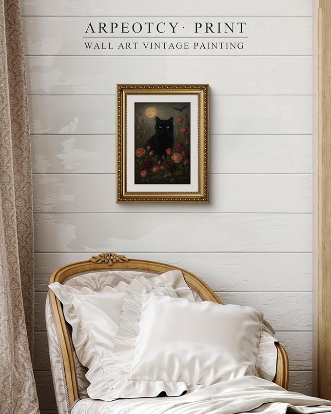 VIYYIEA Vintage Gold Framed Wall Art for Living Room, Black Cat Artwork Prints Decor, Gothic Magicalism Wall Decor, Gallery Picture Painting, for Bedroom Bathroom Kitchen 16L x 13W