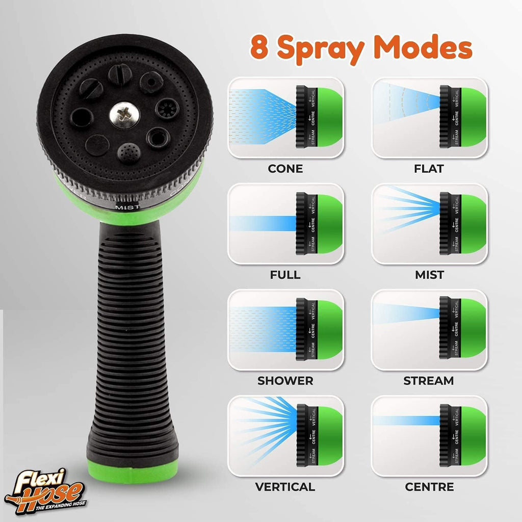 Flexi Hose with 8 Function Nozzle, 25FT - Lightweight Expandable Garden Hose, No-Kink Flexibility, 3/4 Inch Solid Brass Fittings and Double Latex Core - Black and Green