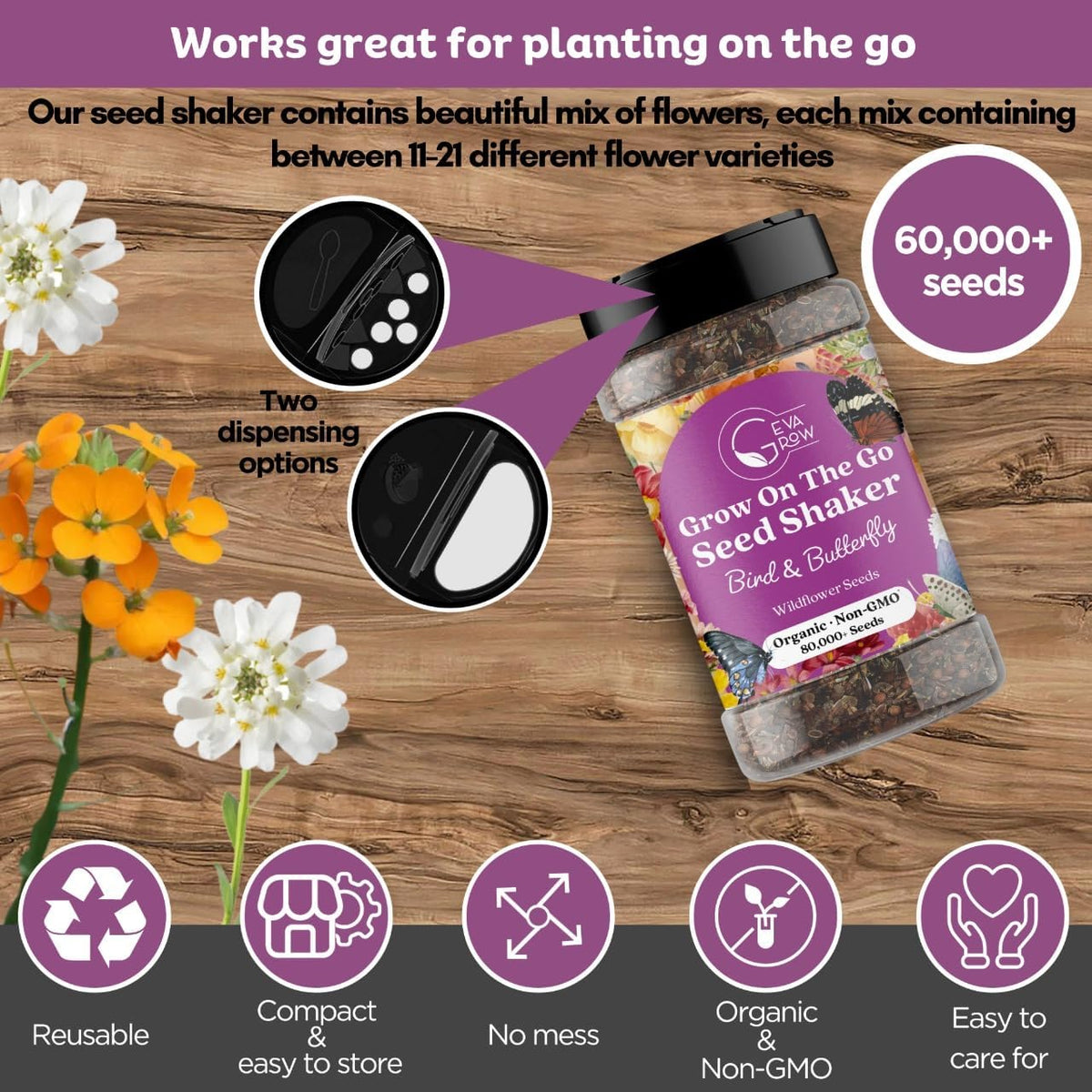 Mini Wildflower Seed Shaker - Bird & Butterfly Garden Seed Mix | 60,000+ Annual & Perennial Flower Seeds for Planting - Attracts Hummingbirds & Butterfly | No Messy Bags or Packets