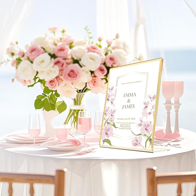 Acrylic Gold Frames 4X6, Slanted Back Gold Picture Frames Table Acrylic Sign Holder for Photos Wedding Table Numbers and Art Display with Removable Clear Sticky Dots，3 Pack