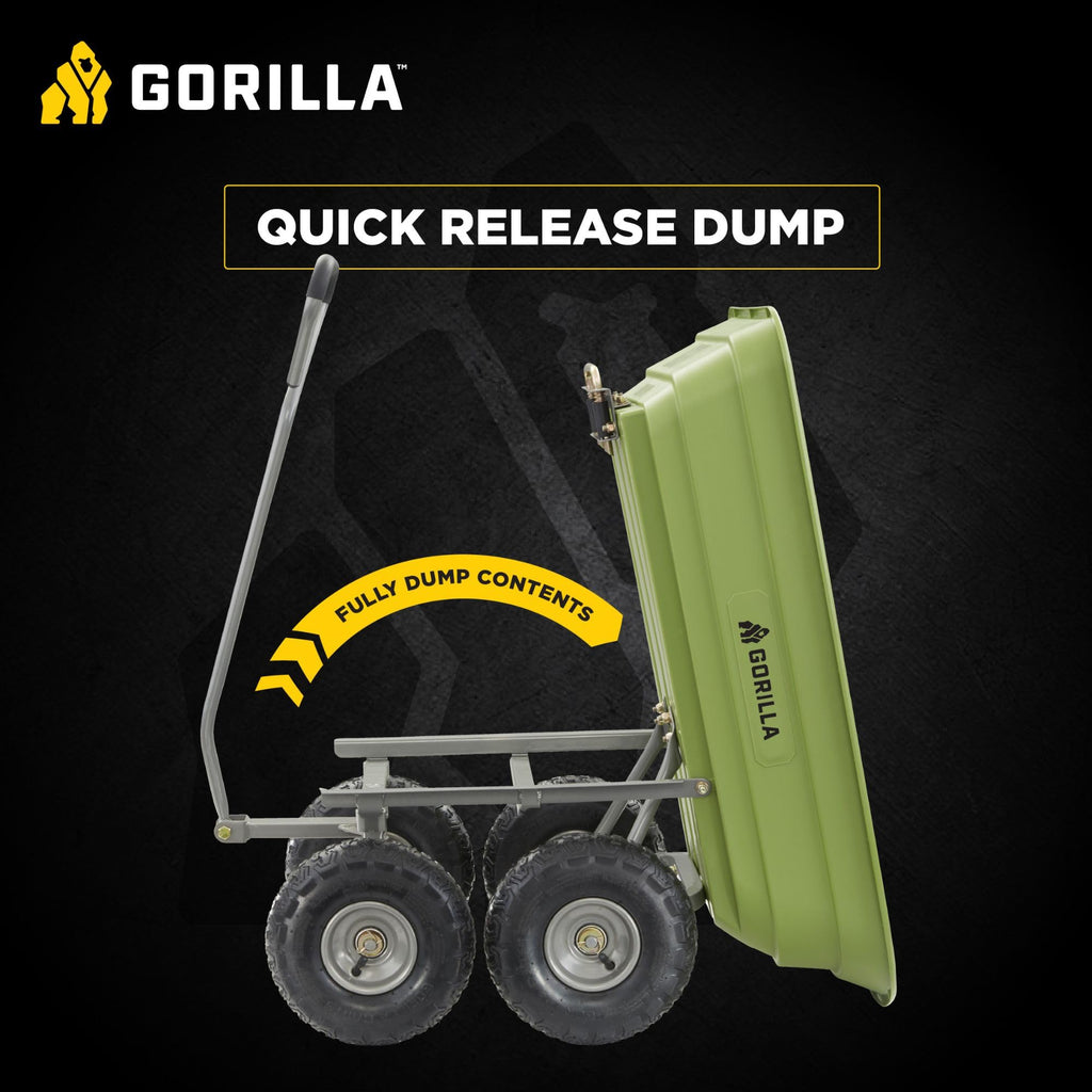 Gorilla Carts 600-Pound Capacity Heavy Duty Poly Yard Garden Steel Quick Dump Utility Wheelbarrow Wagon Cart with Straight Pull Handle, Green, Model GOR4G-COM