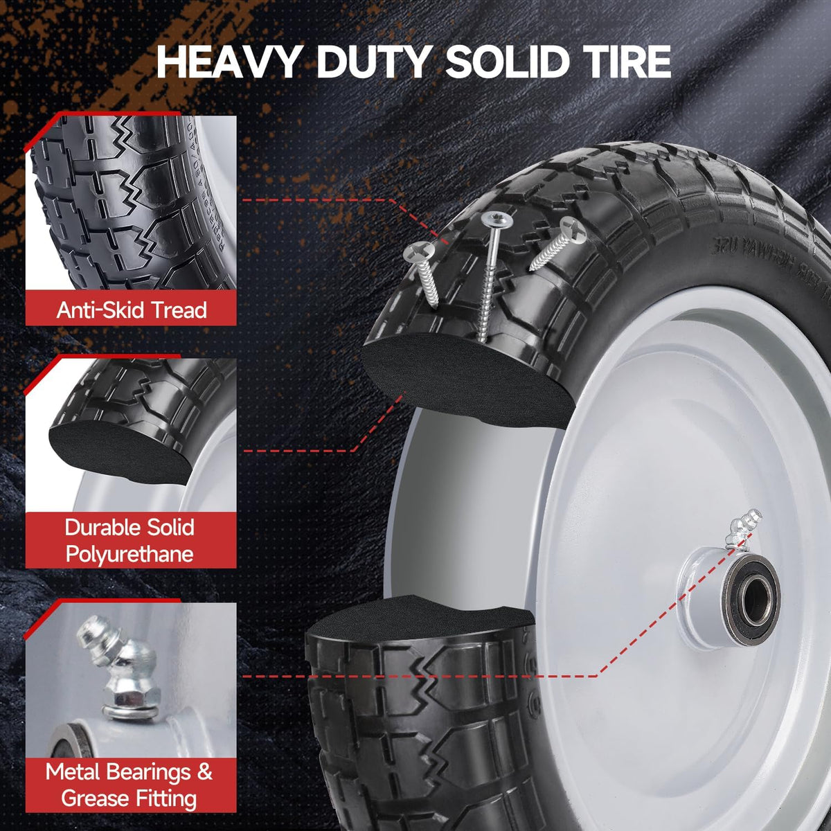 4.80/4.00-8 Tire, 14.5" Flat Free Wheelbarrow Tire and Wheel, 5/8" 3/4" Bearings Solid Replacement Tires, 3" -7" Centered Hub, Universal Fit 4.80/4.00-8, 3.50/3.00-8, 4.00-6, 2 Pack