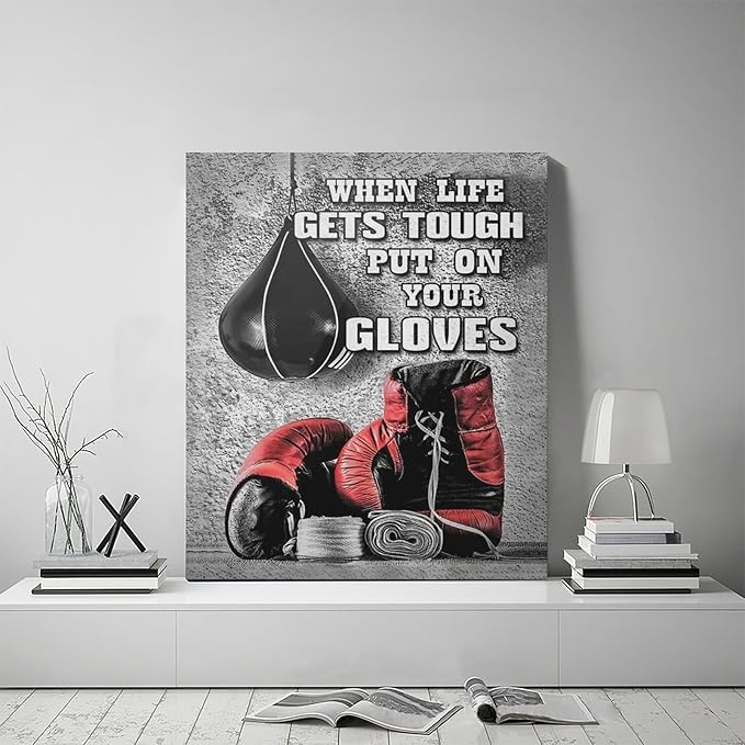 Boxing Posters Wall Art Red Boxing Gloves Pictures Wall Decor Black And White Inspirational Quotes Canvas Prints Painting Artwork Sports Canvas Home Decorations For Teen Boys Room Dorm Bedroom 20"x24"