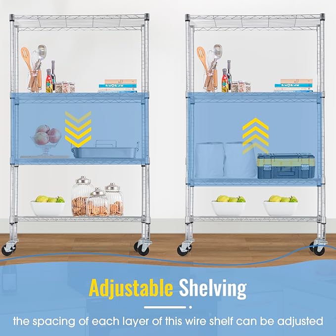 PayLessHere 4-Tier Adjustable Shelf Shelving Unit Shelves Shelf Heavy Duty Storage Steel Organizer Wire Rack (350 lbs Loading Capacity per Shelving) with Wheels Multi-Function Easy Assembly,Chrome