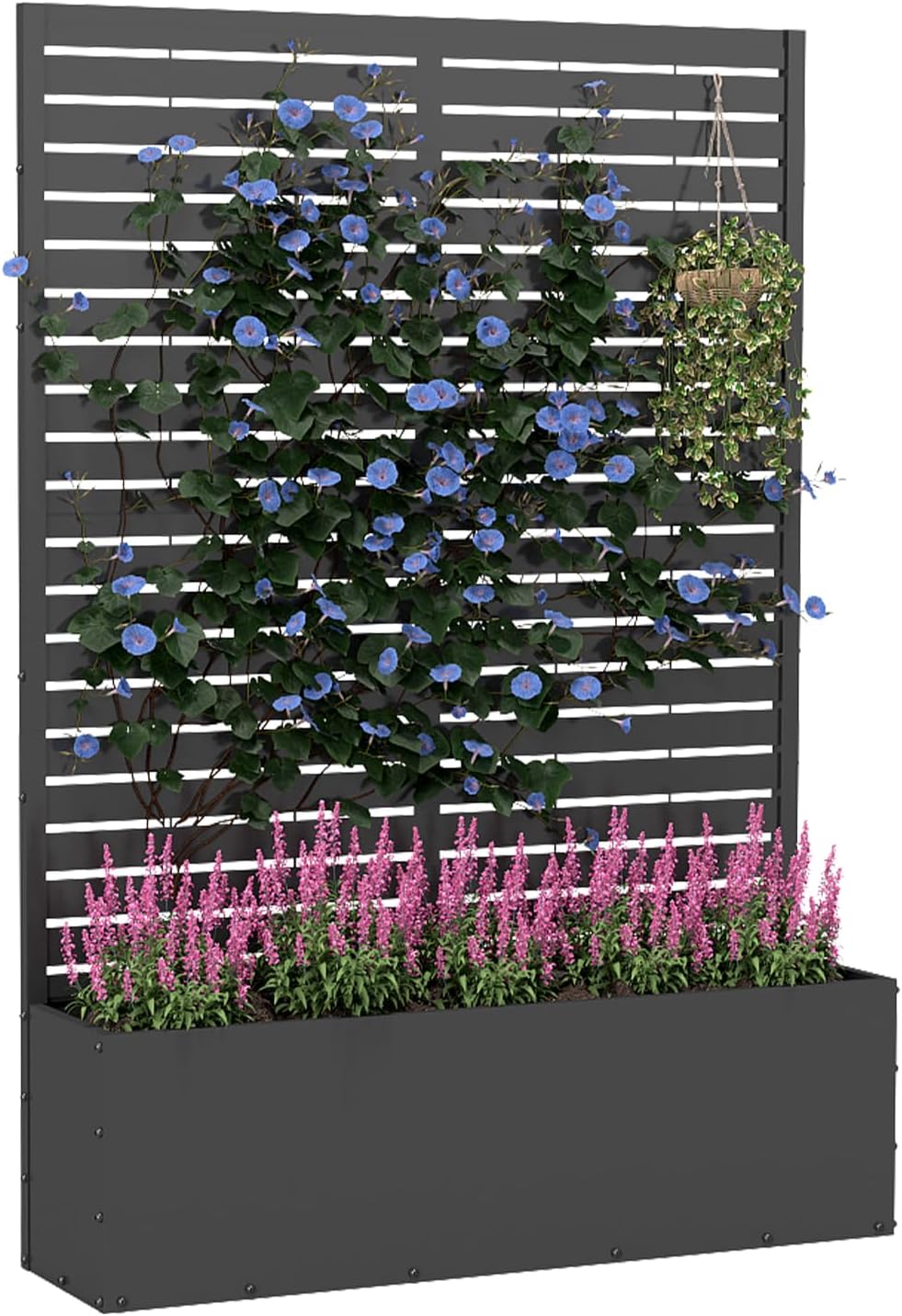 Metal Planter Box with Trellis,70.9"x47.2"x15.7" Raised Garden Bed with Drainage Holes, Privacy Planters for Outdoor Garden Bed for Climbing Plants,Vegetables,and Vines, Black-louvered