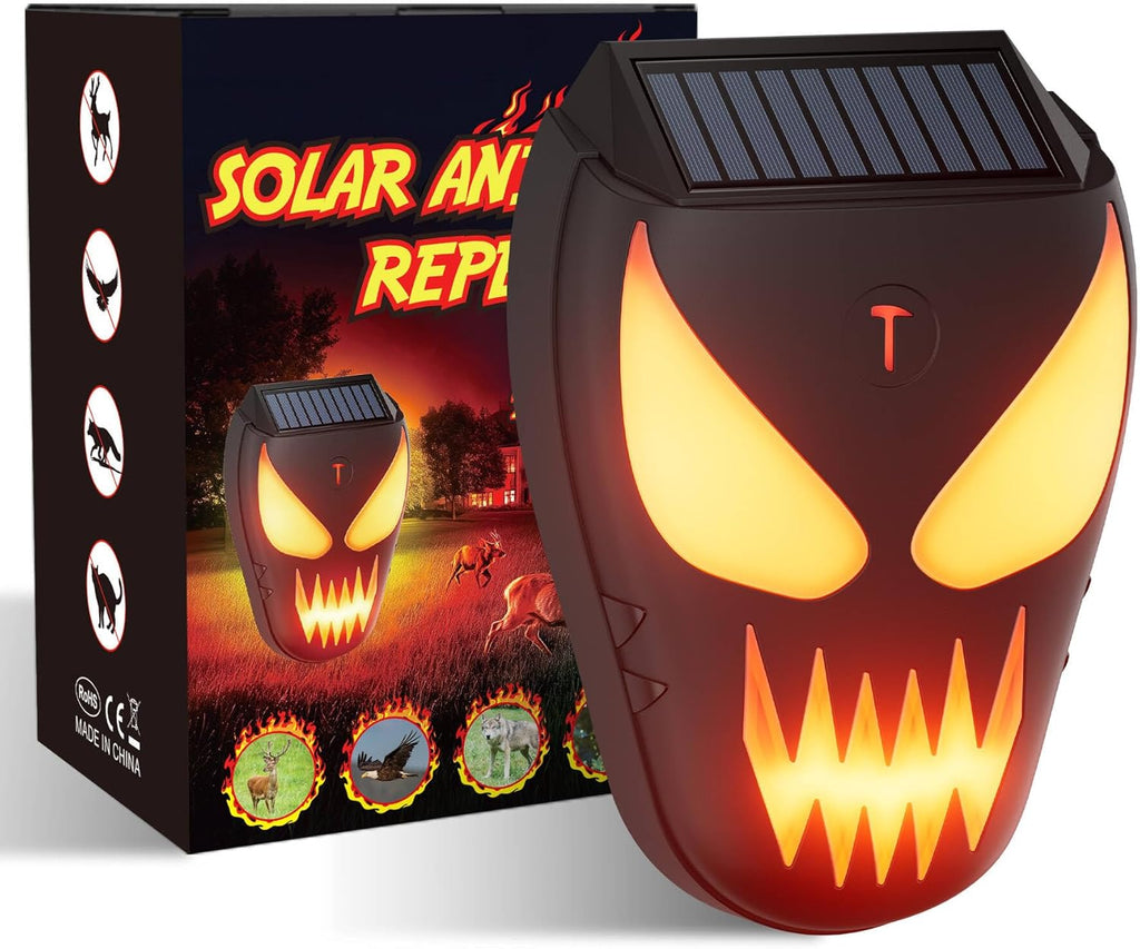 Solar Nocturnal Animal Repeller 1 Pack - Coyote, Raccoon, Fox, Skunk, Deer, Hawk Outdoor Repellent Deterrent - Amber LED & Waterproof Predator Lights for Chicken Coop,Farm,Yard,Garden - Halloween