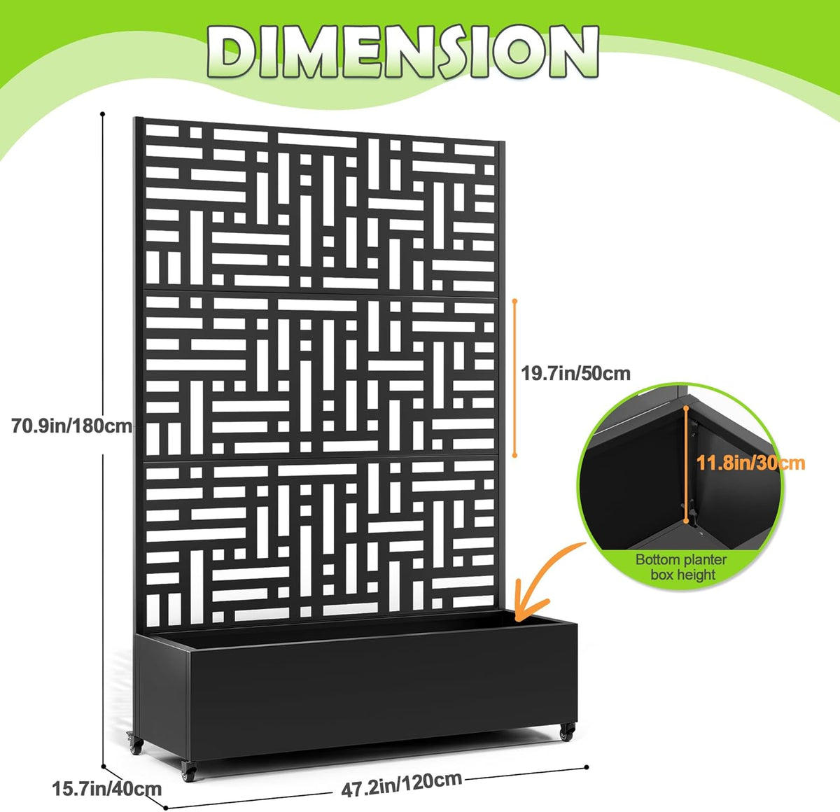 15.7"×70.9"×47.2" Metal Raised Garden Bed with Trellis and Wheels - Tall Trellis Planter Box for Climbing Plants, Vegetables & Vines - Outdoor Privacy Planters for Patio (Black-Helen)