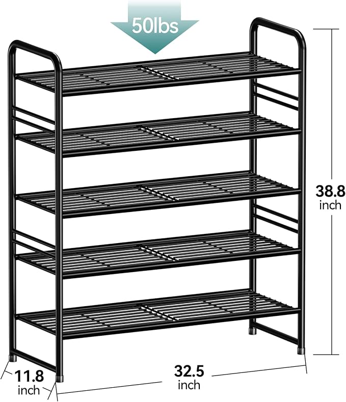 SUFAUY 33" Wide Shoe Rack, 5-Tier Shoe Storage Rack for 24-30 Pairs of Shoes, Shoe Organizer for Entryway, Steel Frame, Industrial, Black