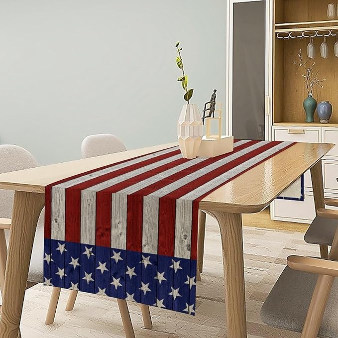 American Flag Table Runner, 4th of July USA Rustic Vintage Wooden Blue Red Stars Stripes Print Table Runner for Farmhouse Kitchen Dining Table Decor, 13x108inch