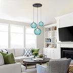 KCO Lighting Modern 3-Light Blue Striped Glass Pendant Light Fixture Nordic Glass Ball Cluster Chandelier Vintage Large Globe Pendant Lighting Mid-Century Black Island Light for Kitchen