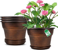 10 Inch Planters Plant Pots Indoor Outdoor, 4 Pack Plastic Flower Pot for Indoor Plants with Drainage Holes & Trays, Resin Decorative Container Sets with Saucer for House Garden Copper