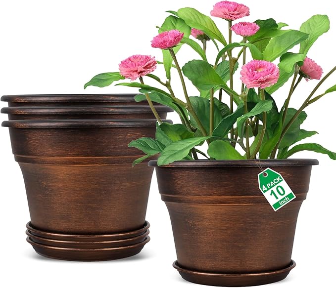 10 Inch Planters Plant Pots Indoor Outdoor, 4 Pack Plastic Flower Pot for Indoor Plants with Drainage Holes & Trays, Resin Decorative Container Sets with Saucer for House Garden Copper