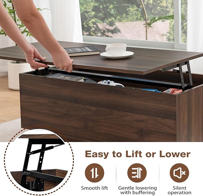 HOMMPA Modern Lift Top Coffee Table with Storage for Living Room, LED Coffee Table, Wooden Lift Table Top Dining Table with 2 Drawers Hidden Compartment & Metal Frame, Walnut