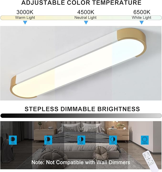 Tioolo Dimmable LED Ceiling Light with Remote 42W Kitchen Lighting Fixtures Ceiling White and Gold Long Ceiling Light Fixture 27.5 Inch Flush Mount Ceiling Lights for Kitchen Dining Room Hallway