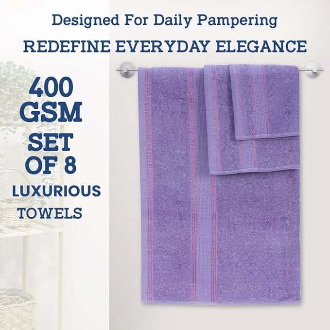 Casa Lino Bath Towel Set of 8 (2 Bath Towels, 4 Wash Cloths & 2 Hand Towels for Bathroom) - 100% Cotton - Highly Absorbent & Quick Dry - Guest Room Essentials for Bathroom Set - (Purple)