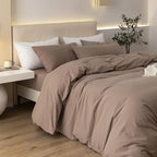 JIYUAN 100% Washed Cotton Duvet Cover Set 3 Pieces Full, 1 Duvet Cover 80x90 Inches(Comforter Not Included) and 2 Pillowcases,Linen Feel Bedding Set Comfy and Breathable,Light Brown