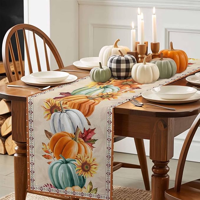 Fall Thanksgiving Southwest Cotton Linen Table Runner for Dining Kitchen, Orange Pumpkins Wedding Outdoor Party Rustic Tablerunners Decoration, Sunflower Dresser Scarf Tablecloth Runners 13x72 Inches