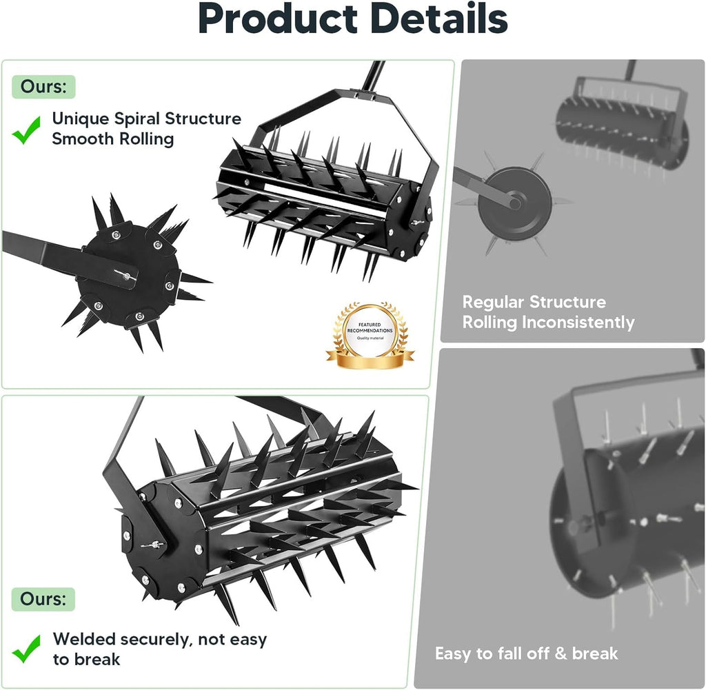 Rolling Lawn Aerator, Rotary Spike Lawn Aerator, Heavy Duty Manual Aerator Lawn Tool, 17-Inch Push Spike Aerator Roller with Adjustable Steel Handle for Garden, Lawns, Patio and Yard Grass Aeration