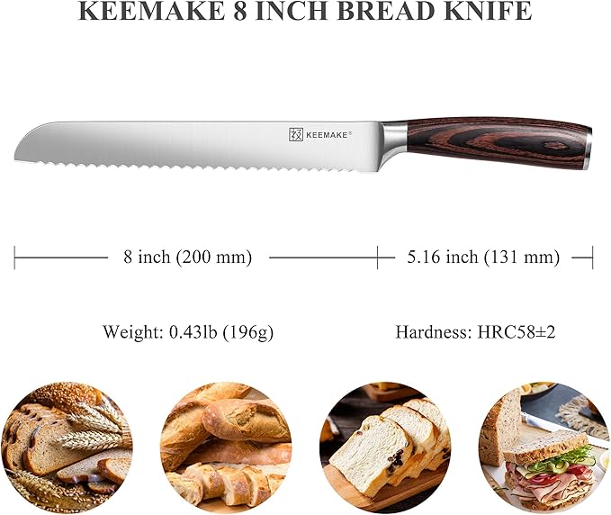 KEEMAKE Bread Knife for Homemade Bread, 8" Sourdough Bread Knife Serrated with Ultra Sharp High Carbon Stainless Steel Blade, Cutting Slicer for Bread Cake Fruit, Ergonomic Handle, Gift Box Included