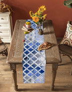 Blue Morocco Plaid Cotton Linen Table Runner for Dining Kitchen, Wedding Outdoor Party Tablerunners Decoration, Distressed Abstract Painted Vintage Dresser Scarf Coffee Tablecloth Runners 13x72 Inches
