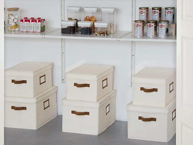 StorageWorks Storage Bins with Lids, Decorative Storage Boxes with Lid and PU Handles, Foldable Storage Baskets for Closet, Shelves, Stackable, Ivory White, Jumbo, 3-Pack