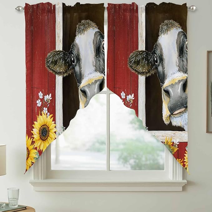 Cows Sunflowers Swag Valances for Windows, Rustic Farms Barns Flowers Bees Animals Rod Pocket Kitchen Curtains Valance, Kitchen Window Curtains Swag for Cafe Bathroom Living Room, 2 Panels, 36x63 inch