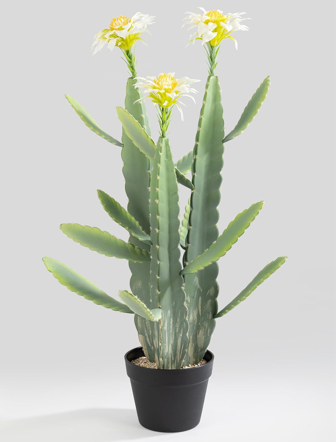 33 Inch Large Artificial Cactus with Lilly White Flowers in Pot with Natural Gravel. Satin Finish Leaves with Real Look and Feel. Outdoor and Indoor Faux Plants.