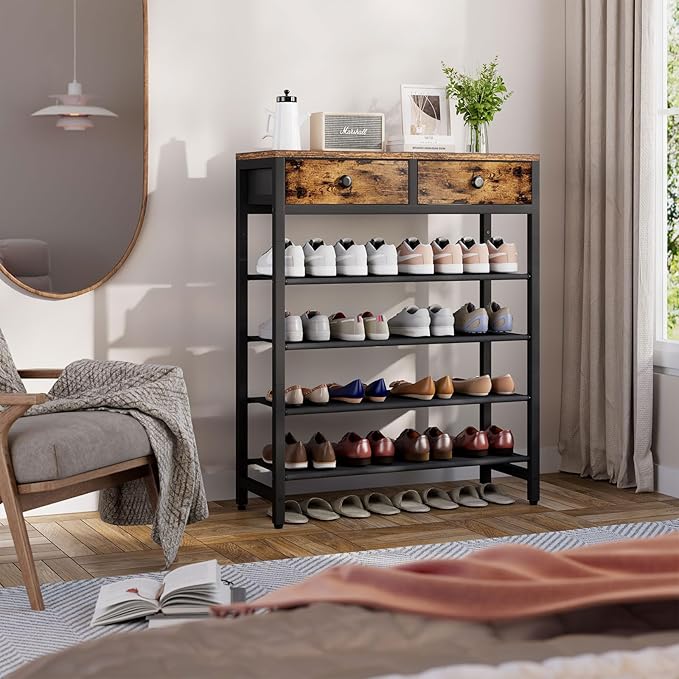 IBUYKE 5 Tier Shoe Rack, Metal Shoe Storage Organizer with 2 Drawers, Shoe Storage Rack for 12-16 Pairs of Shoes, Modern Shoe Stand with Fabric Shelf for Entryway Closet Bedroom, Rustic Brown TXJ040H