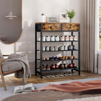 IBUYKE 5 Tier Shoe Rack, Metal Shoe Storage Organizer with 2 Drawers, Shoe Storage Rack for 12-16 Pairs of Shoes, Modern Shoe Stand with Fabric Shelf for Entryway Closet Bedroom, Rustic Brown TXJ040H