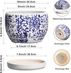 SQOWL Ceramic Pots for Plants - 10 Inch Ceramic Flower Pots with Drainage Hole and Saucer, Round Large Planter Indoor, Decorative Porcelain Planter Outdoor, Home Decor, Birthday Gifts, Blue and White