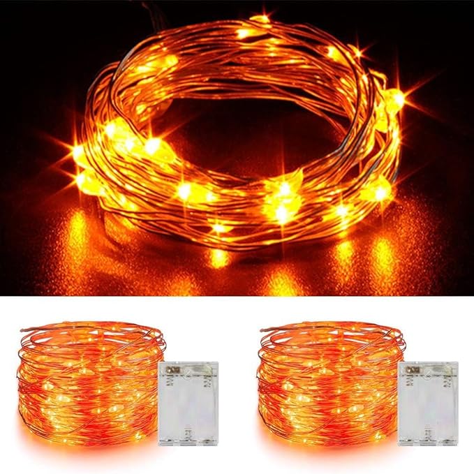 ANJAYLIA 2 Pack Orange String Lights for Halloween Battery Operated Fairy Lights, Twinkle Firefly Lights for Garden, Thanksgiving Day, Christmas Indoor Decoration