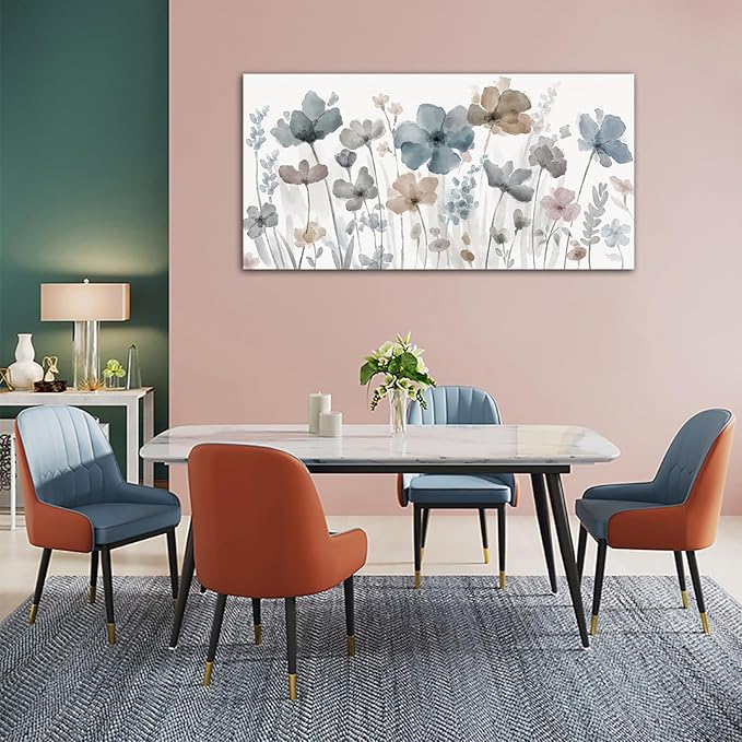 Elegant Flowers Canvas Wall Art - Floral Pictures for Wall Decor Indigo Brown Grey Canvas Painting Nature Printing Artwork for Living Room Bedroom Home Office Wall Decoration 29" x 58"