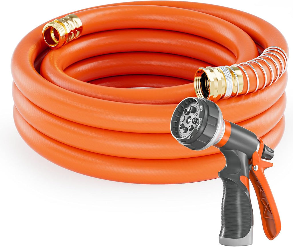 SPECILITE Garden Water Hose 25 ft x 3/4 in Heavy Duty, Flexible and Lightweight, Burst 600 psi, Kink-less Hybrid Rubber Pipe for Backyard, 3/4'' Brass Fittings, Orange