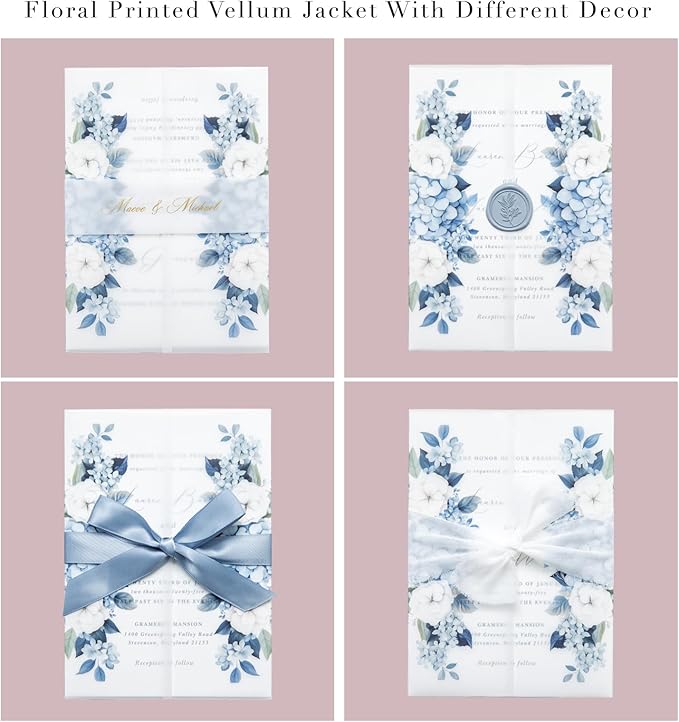 PONATIA 50PCS Vellum Jackets for 5x7 Invitation Cards- 135GSM Dusty Blue Flowers Sleeves, Vellum Paper 5x7 Jackets - Wedding Invitations Wraps - Transparent Card