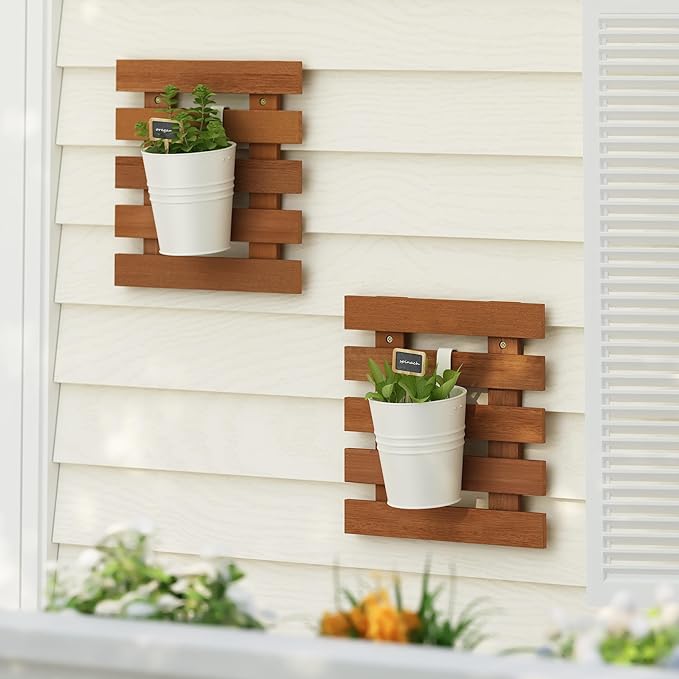 Furinno TIOMAN Outdoor Vertical Wall Planter, Set of 2 Wooden Hanging Planters, for Indoor, Outdoor Plants, Balcony, Patio, Natural
