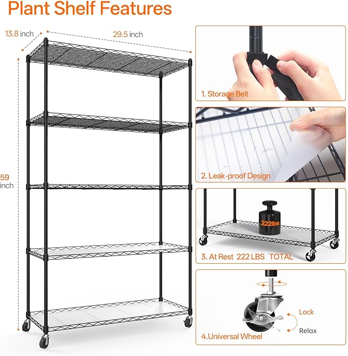 Bstrip Plant Shelf with Grow Light with Timer, Metal Plant Stand with Adjustable Rack and Wheels, 4 Pack 24W Full Spectrum Grow Light Strip for Indoor Plants, Seed Starting, 35.4"x13.8"x59"