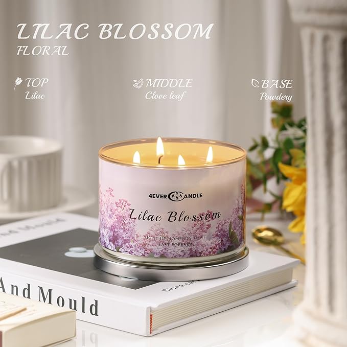 4-Wick Scented Candle - 18oz Soy Wax Blend Candle Over 50Hrs Long-Lasting Fragrance, Home Decor and Housewarming Gifts, Lilac Blossom